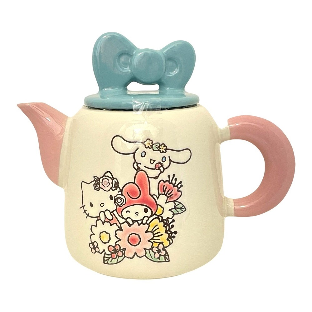 My Melody Hello Kitty Tea Pot Cinnamaroll Pink, White, Teal Lid New Collectible